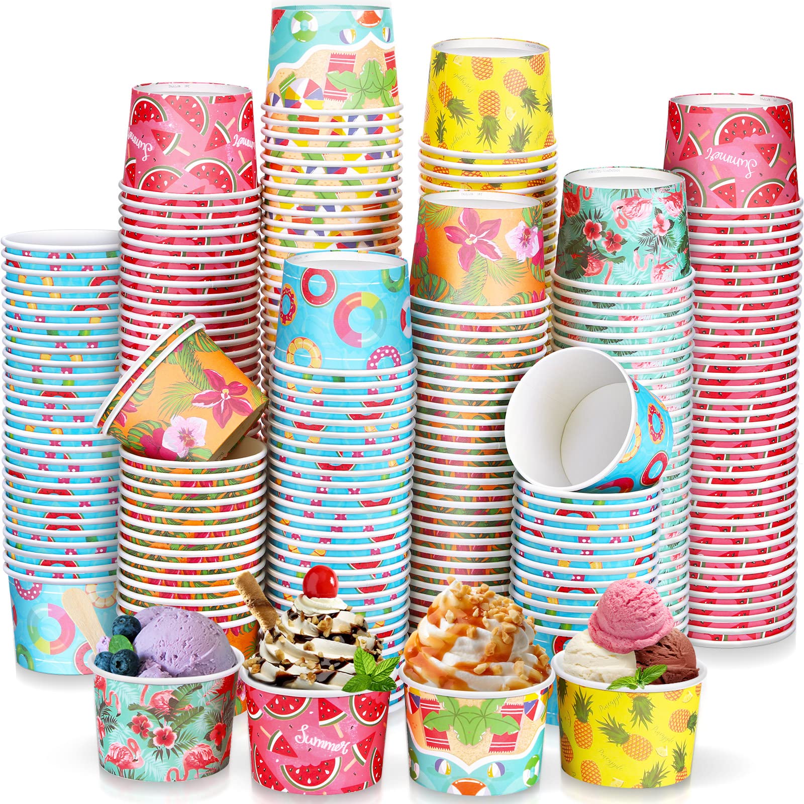 Nuenen 300 Pcs 8 oz Ice Cream Cups Disposable Ice Cream Bowls Paper Ice Cream Cup Bulk Summer Ice Cream Sundae Bowls Ice Cream Cup Bar Supplies for Sundae Snack Luau Party(Tropical)