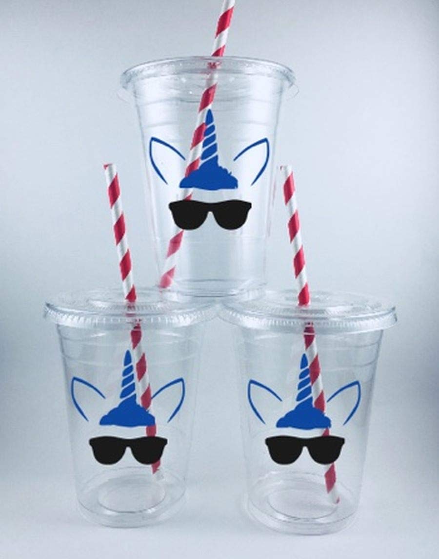 Boy Unicorn Party Cups Set 12 Disposable With Lids Straws