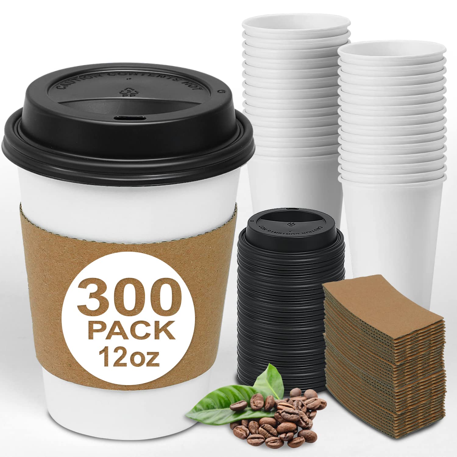 Ginkgo 300 Pack 12 oz Disposable Thickened Paper Coffee Cups with Lids and Sleeves, To Go Hot Coffee Cups Set for Chocolate, Cocoa, Beverages and Tea