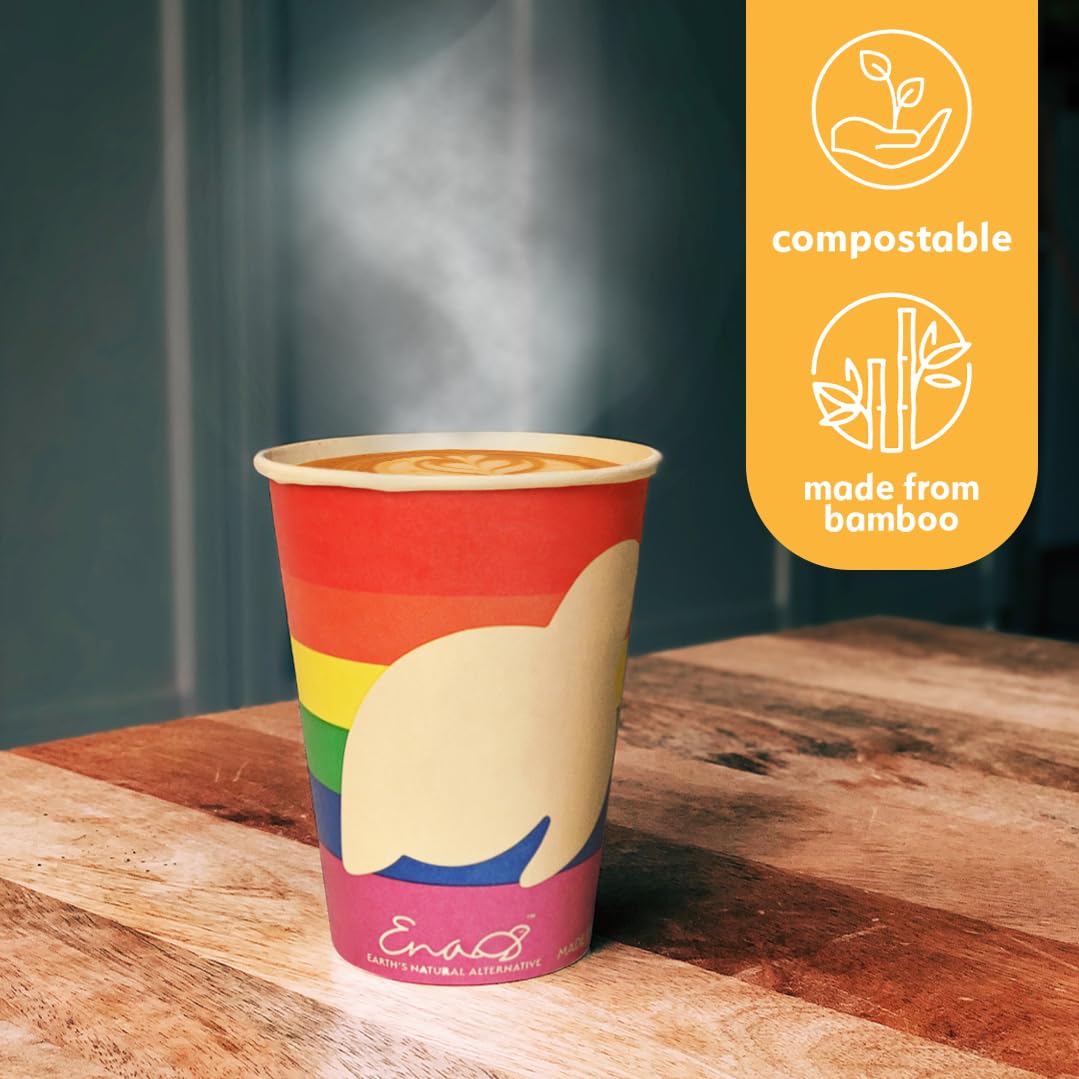 100% Compostable Disposable Coffee Cups with Lids [12oz 80 Pack, Rainbow Pride Edition] Made from Unbleached Bamboo Fiber, Compostable Lids, To Go Coffee Cups with Lids by Earth's Natural Alternative