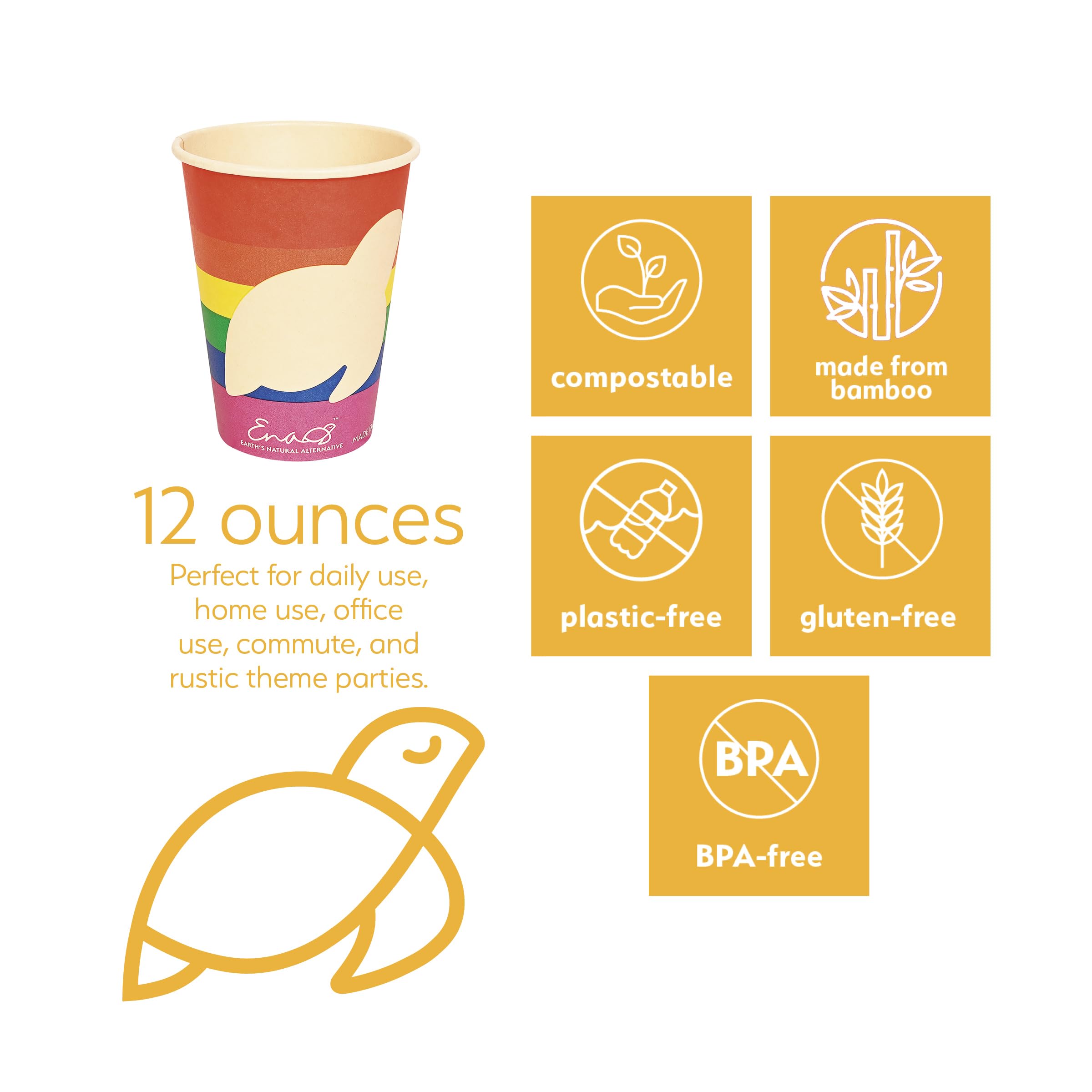 100% Compostable Disposable Coffee Cups with Lids [12oz 80 Pack, Rainbow Pride Edition] Made from Unbleached Bamboo Fiber, Compostable Lids, To Go Coffee Cups with Lids by Earth's Natural Alternative