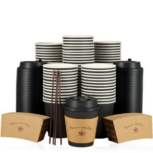 litopak 100 pack 10 oz paper coffee cups, drinking cups for hot coffee chocolate drinks, disposable coffee cups with lids, sleeves and stirring sticks, black hot coffee cups for home and cafes.