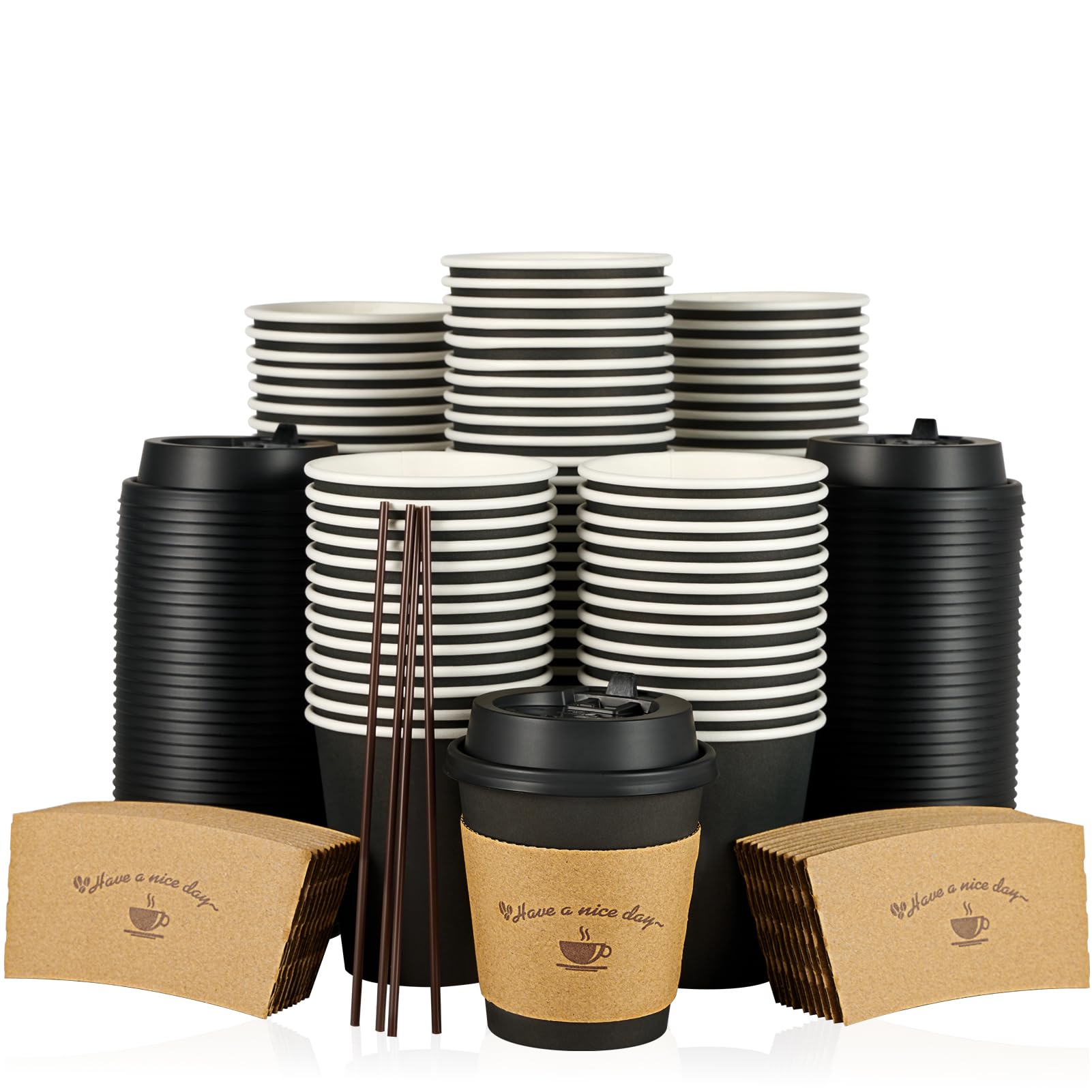 LITOPAK 100 Pack 10 oz Paper Coffee Cups, Drinking Cups for Hot Coffee Chocolate Drinks, Disposable Coffee Cups with Lids, Sleeves and Stirring Sticks, Black Hot Coffee Cups for Home and Cafes.