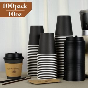 LITOPAK 100 Pack 10 oz Paper Coffee Cups, Drinking Cups for Hot Coffee Chocolate Drinks, Disposable Coffee Cups with Lids, Sleeves and Stirring Sticks, Black Hot Coffee Cups for Home and Cafes.