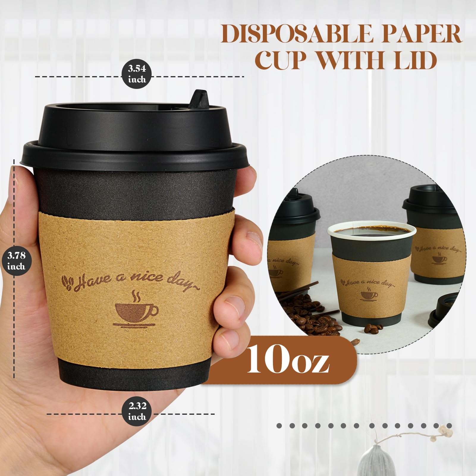 LITOPAK 100 Pack 10 oz Paper Coffee Cups, Drinking Cups for Hot Coffee Chocolate Drinks, Disposable Coffee Cups with Lids, Sleeves and Stirring Sticks, Black Hot Coffee Cups for Home and Cafes.