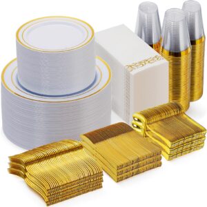 goodluck 700 piece gold dinnerware set for 100 guests, disposable for party, include: 100 gold rim dinner plates, 100 dessert plates, 100 paper napkins, 100 cups, 100 gold plastic silverware set