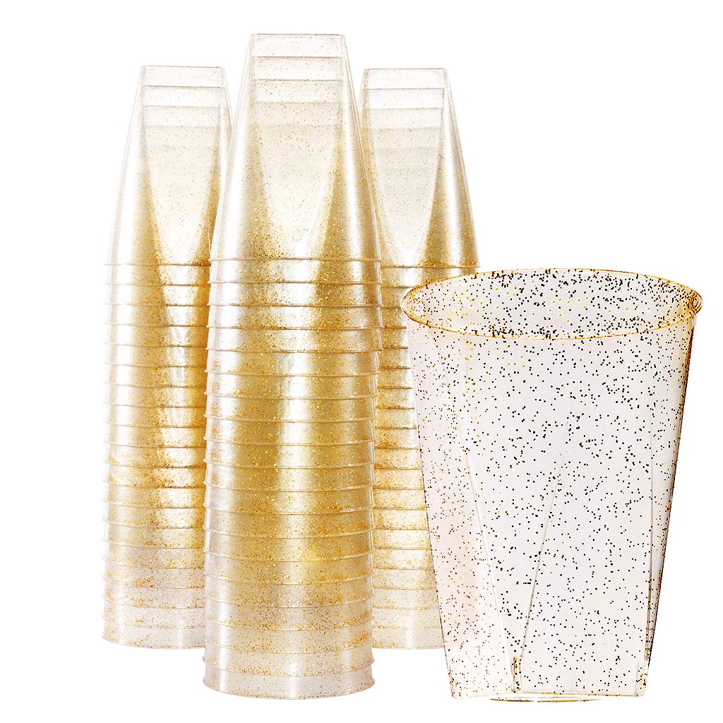 bUCLA 100Pack Gold Glitter Plastic Cups-12oz Plastic Square Cups-Wedding/Party Disposable Cups-Premium Disposable Tumblers for Thanksgiving Party