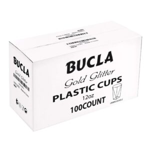 bUCLA 100Pack Gold Glitter Plastic Cups-12oz Plastic Square Cups-Wedding/Party Disposable Cups-Premium Disposable Tumblers for Thanksgiving Party