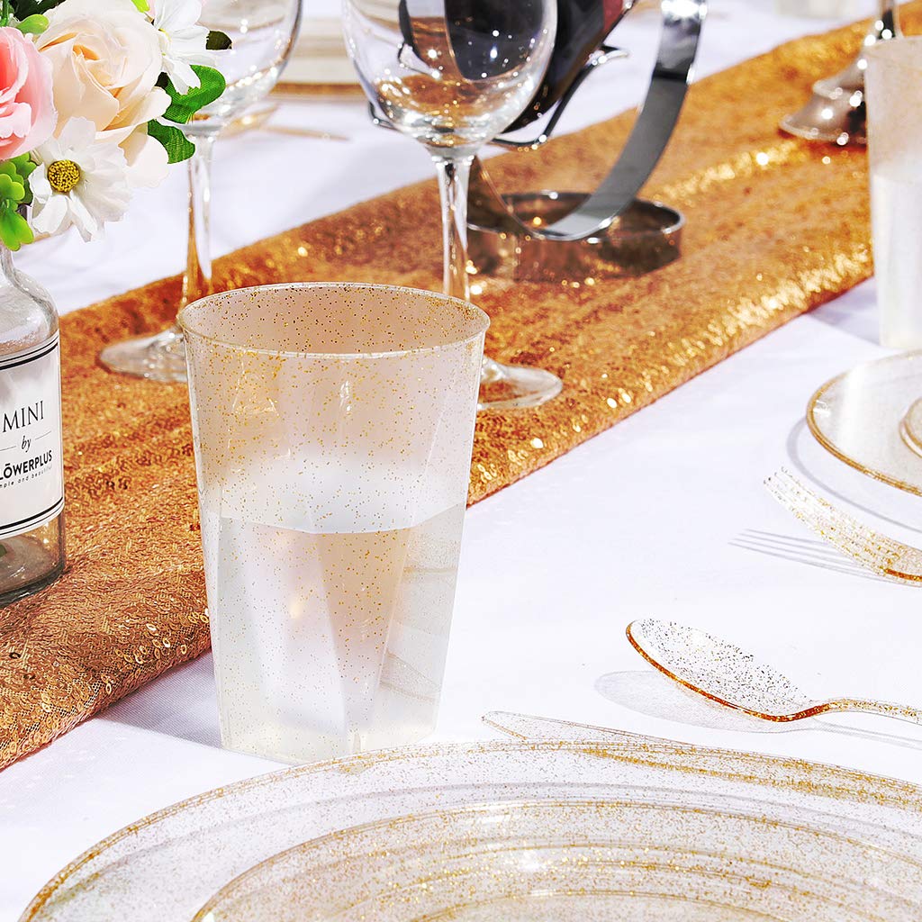 bUCLA 100Pack Gold Glitter Plastic Cups-12oz Plastic Square Cups-Wedding/Party Disposable Cups-Premium Disposable Tumblers for Thanksgiving Party