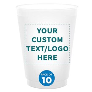 custom frosted plastic stadium cups, 10 pack, promotional text, logo, 16 oz. shatterproof flexible reusable party cups, pearl white