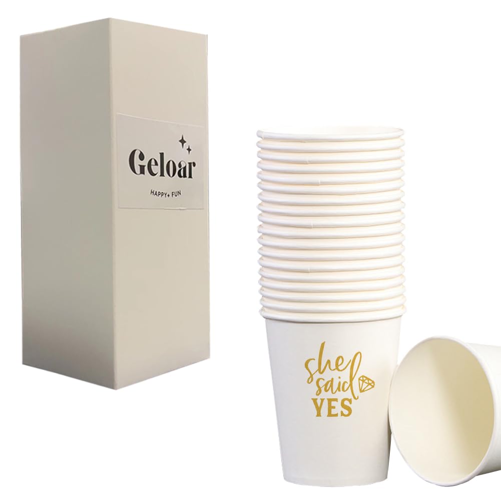 Geloar She Said Yes Party Cups, 20 Pack 9oz Gold She Said Yes Disposable Paper Party Cups for Bridal Shower Engagement Rehearsal Dinner Wedding (She Said Yes Cups)