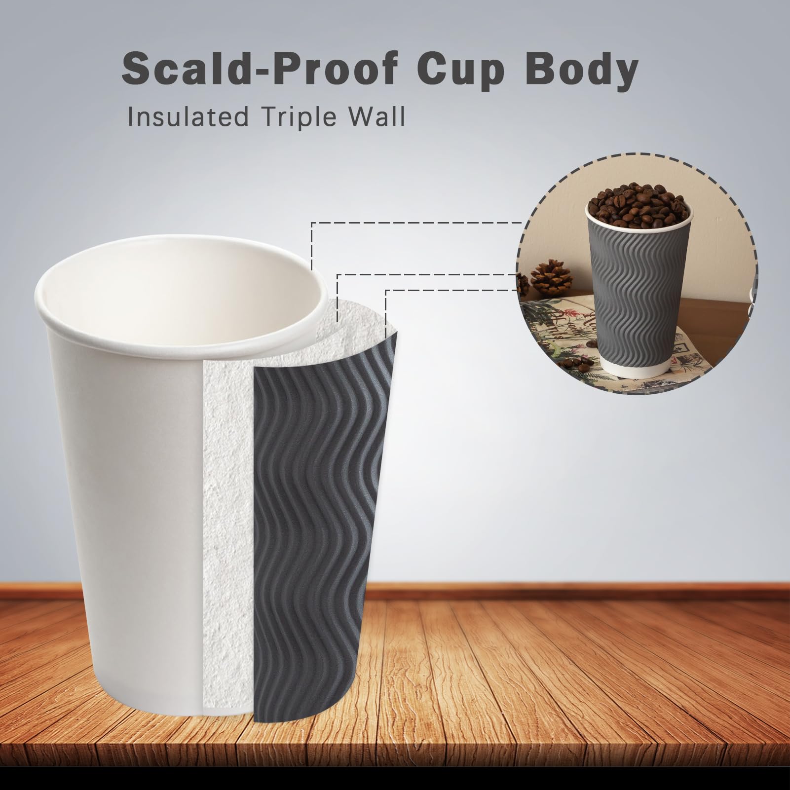 Clawsoff 90 Pack 16 oz Disposable Coffee Cups No Lids, Gray Insulated Ripple Wall Paper Coffee Cups 16oz, Corrugated Beverage Paper Cups, To Go Cups for Hot Chocolate Tea Home Travel Office