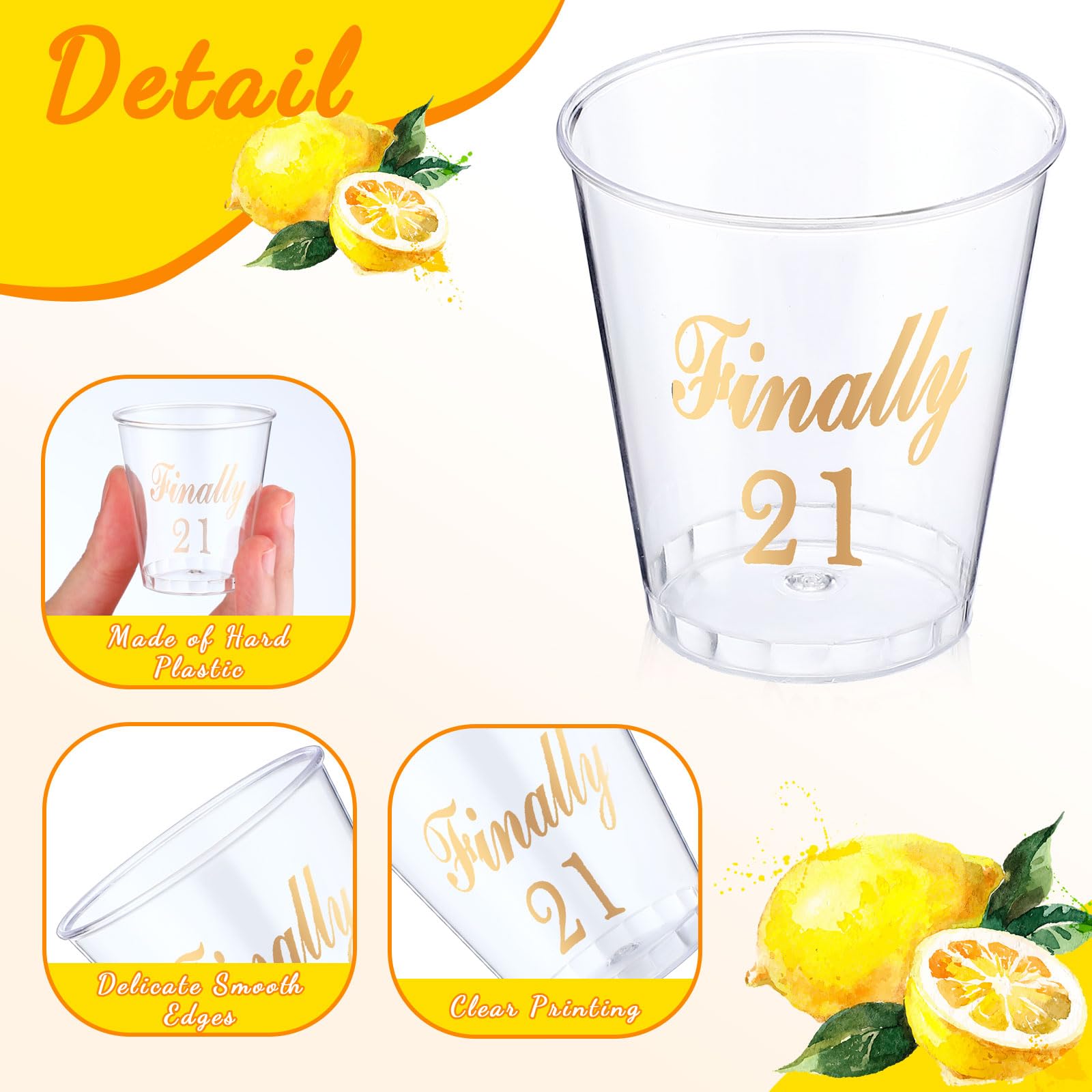 Roshtia 100Pcs 21st Birthday Shot Glass Finally 21 Plastic Shot Glass Disposable Shot Glass 2 oz Sample Cup Clear Plastic Shot Cup for Him Her Celebrate Twenty One 21st Birthday Party Supplies (Gold)