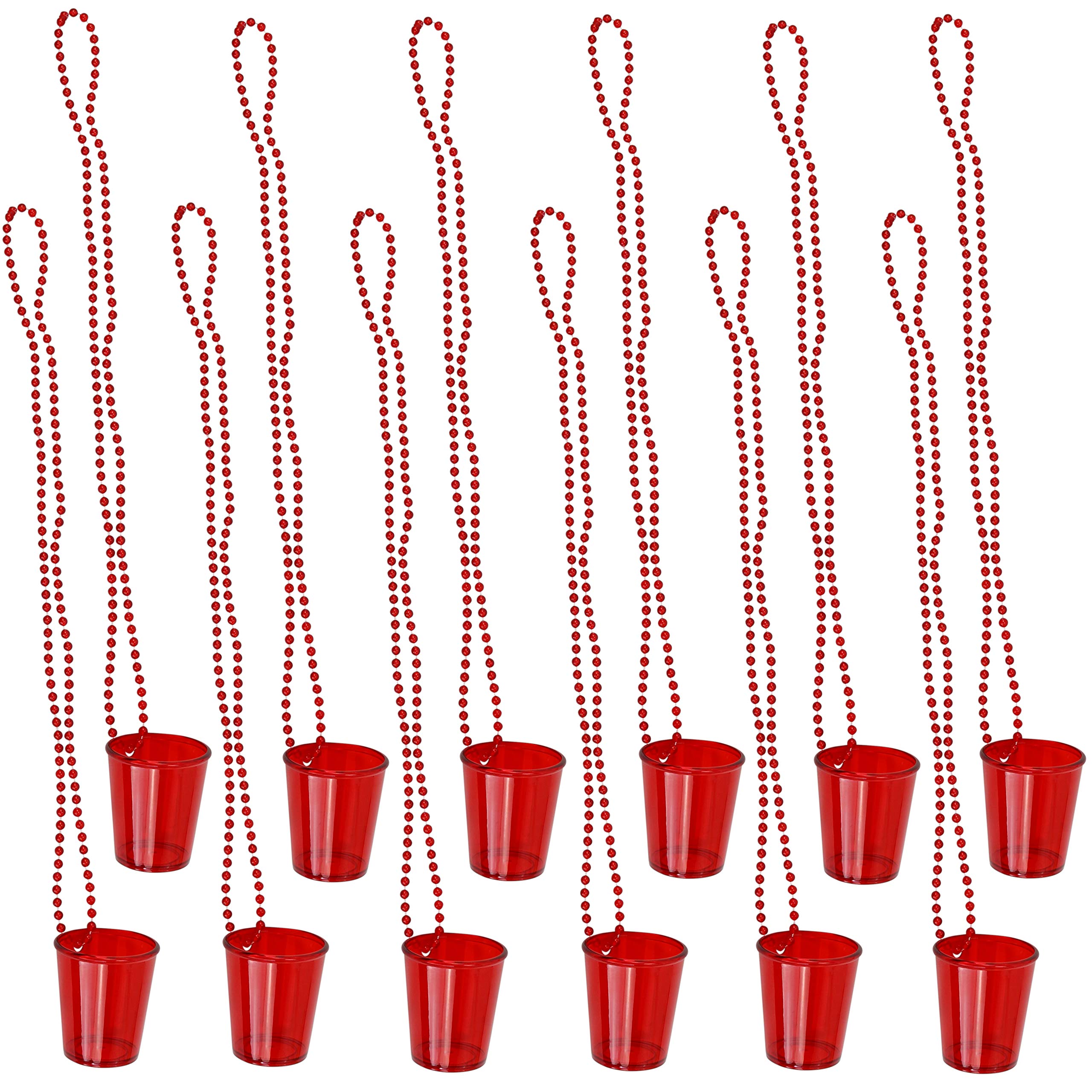 Iconikal Shot Glass on Beaded Necklace, Red, 12-Pack