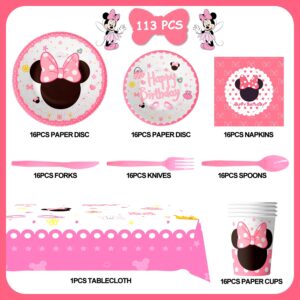 Min-niee Theme Birthday Party Supplies Tableware-113pcs Min-niee Tableware Set Include Min-niee Mou-ses Party Plates Cups Napkins Table Cloth& Spoon Set etc Party Decor, Serves 16