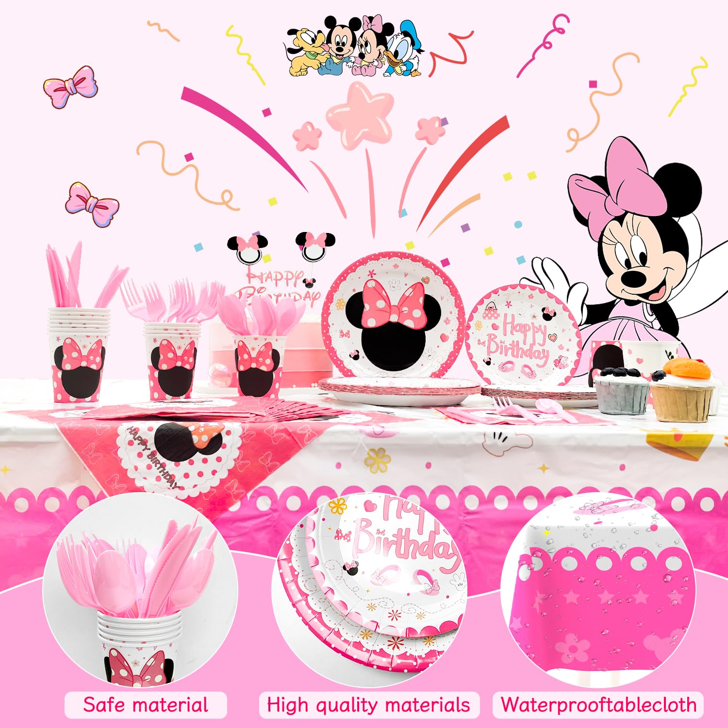 Min-niee Theme Birthday Party Supplies Tableware-113pcs Min-niee Tableware Set Include Min-niee Mou-ses Party Plates Cups Napkins Table Cloth& Spoon Set etc Party Decor, Serves 16