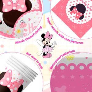 Min-niee Theme Birthday Party Supplies Tableware-113pcs Min-niee Tableware Set Include Min-niee Mou-ses Party Plates Cups Napkins Table Cloth& Spoon Set etc Party Decor, Serves 16