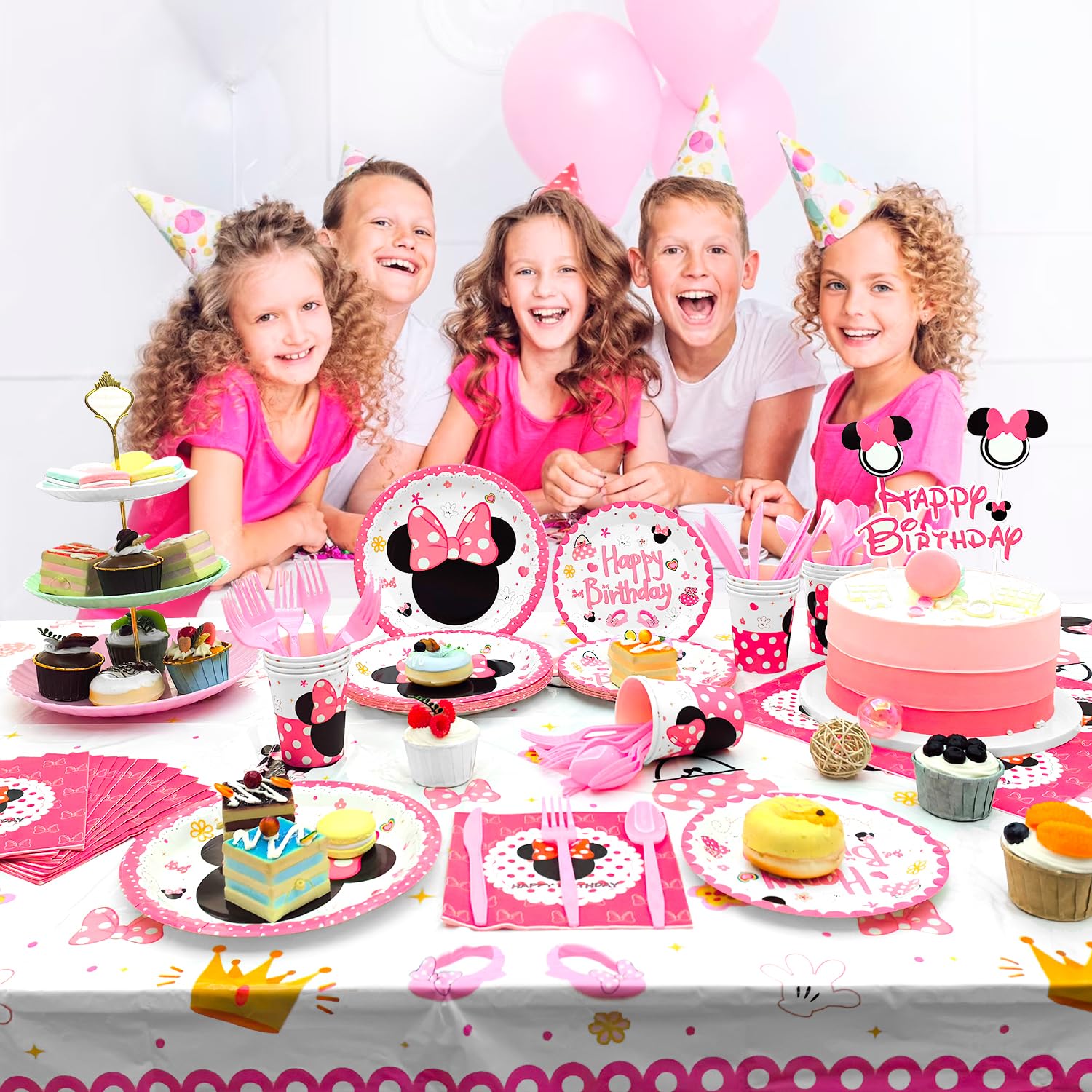 Min-niee Theme Birthday Party Supplies Tableware-113pcs Min-niee Tableware Set Include Min-niee Mou-ses Party Plates Cups Napkins Table Cloth& Spoon Set etc Party Decor, Serves 16