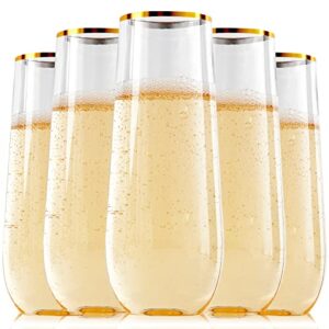 FOCUSLINE 24 Pack 9 Oz Plastic Champagne Flutes | Stemless Plastic Champagne Glasses Gold Rim, Heavy Duty Plastic Toasting Glasses | Shatterproof | Disposable Perfect For Any Party