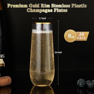 FOCUSLINE 24 Pack 9 Oz Plastic Champagne Flutes | Stemless Plastic Champagne Glasses Gold Rim, Heavy Duty Plastic Toasting Glasses | Shatterproof | Disposable Perfect For Any Party