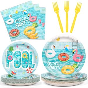 DECORLIFE 96PCS Pool Party Supplies Serves 24, Pool Party Plates and Napkins Sets, Summer Paper Plates, Beach Theme Party Decorations