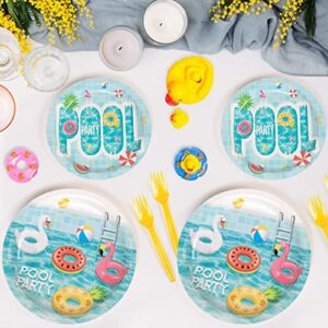 DECORLIFE 96PCS Pool Party Supplies Serves 24, Pool Party Plates and Napkins Sets, Summer Paper Plates, Beach Theme Party Decorations