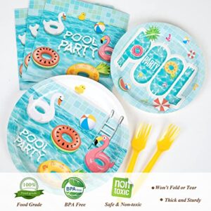 DECORLIFE 96PCS Pool Party Supplies Serves 24, Pool Party Plates and Napkins Sets, Summer Paper Plates, Beach Theme Party Decorations