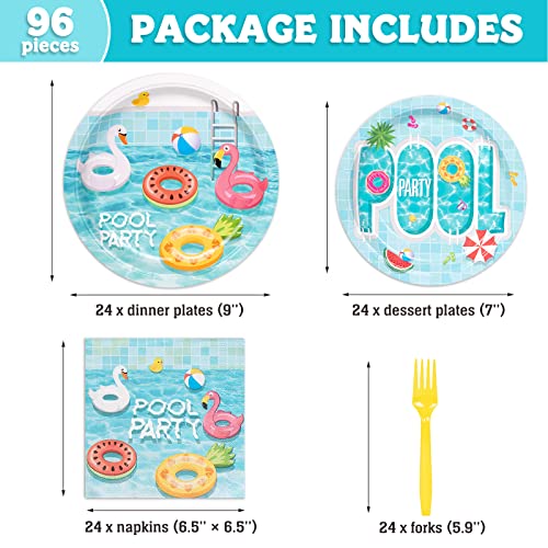 DECORLIFE 96PCS Pool Party Supplies Serves 24, Pool Party Plates and Napkins Sets, Summer Paper Plates, Beach Theme Party Decorations