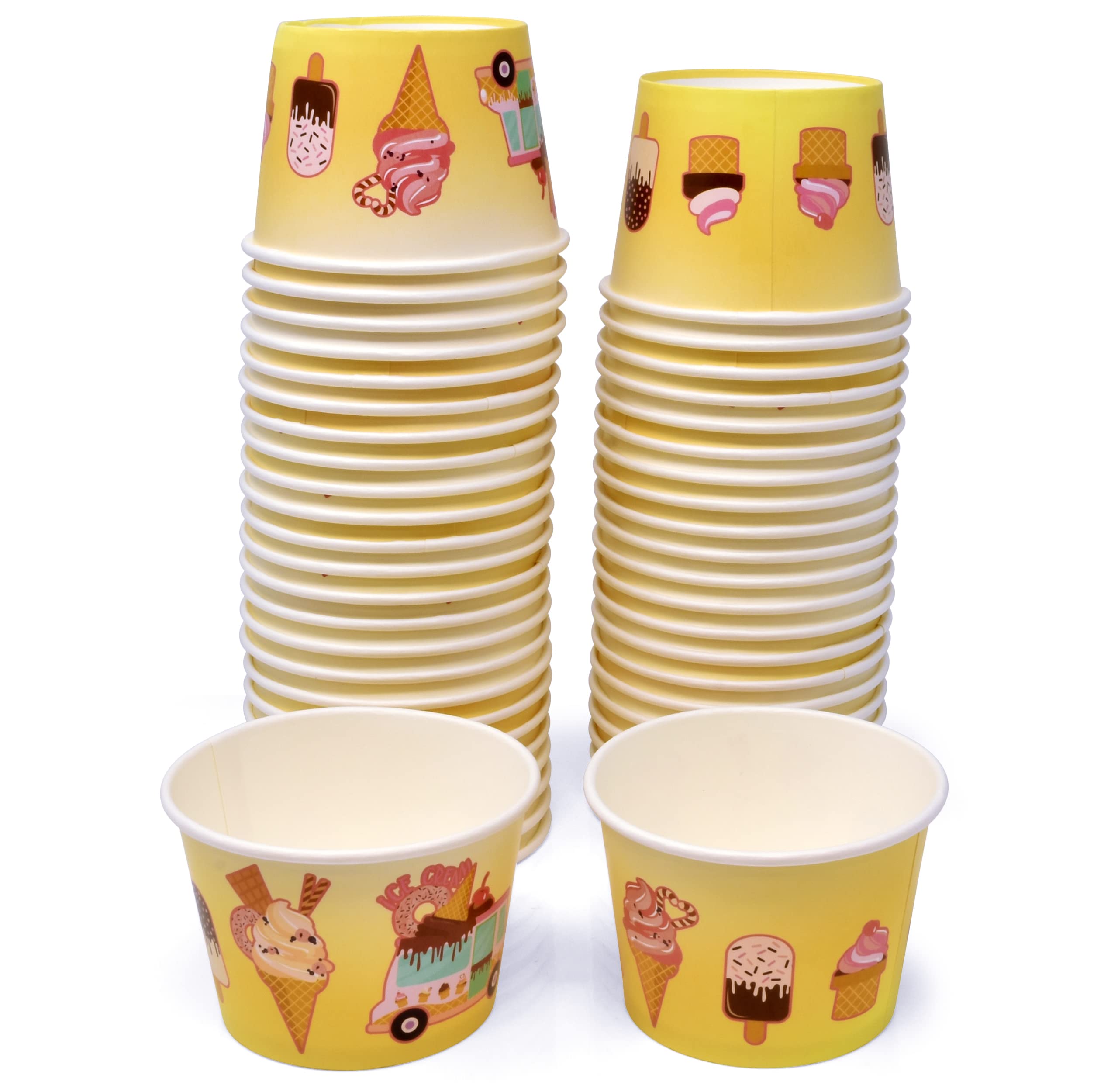 Gift Boutique 48 Count Ice Cream Treat Snack Cups 10 Oz. Disposable Paper Cup Dessert Ices Bowls Ice Cream Truck with Cones and Pops Design For Frozen Treats Cupcakes Party Favor Supplies Decorations