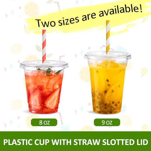 Eupako 8 oz Plastic Cups with Lids 100 Sets, Disposable Clear Cups with Lids, Cold Drink Containers for Beverage, Parfait, Smoothie