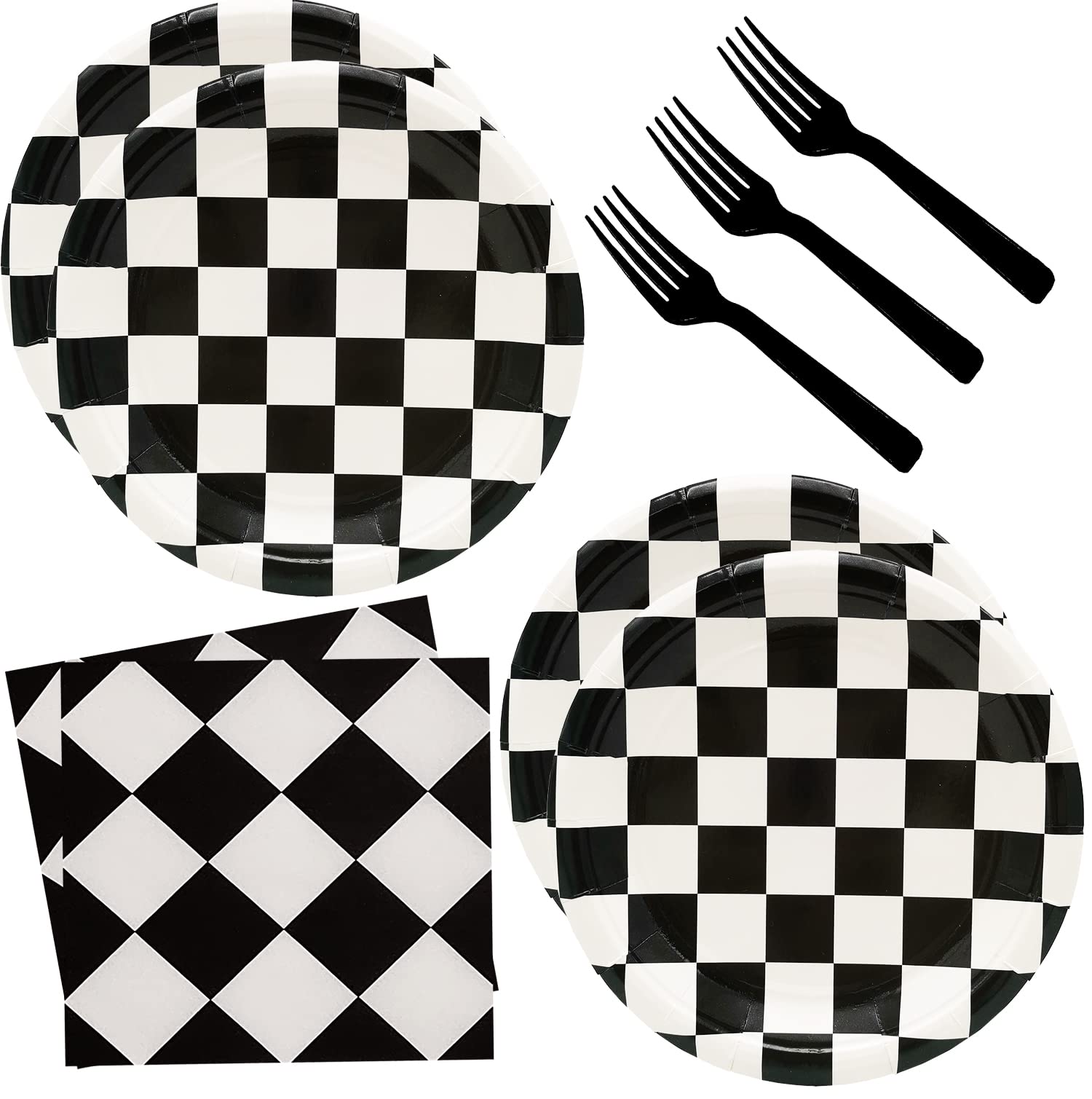 60Pcs Black and White Checkered Race Car Party Supplies,Racing Themed Tableware Set 7"Racing Dessert Paper Plates and Napkins,Fork for Kids Car Sports Race car Themed Birthday Party Decor (Car Set)