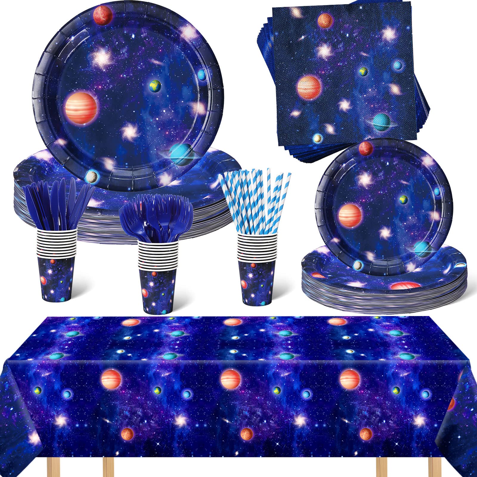 176 Pcs Space Party Decorations Supplies Galaxy Party Tableware Set, Space Themed Party Supplies Plates Napkins Cups Knives Straws Forks Spoons Sets Tablecloth for Boy Girl