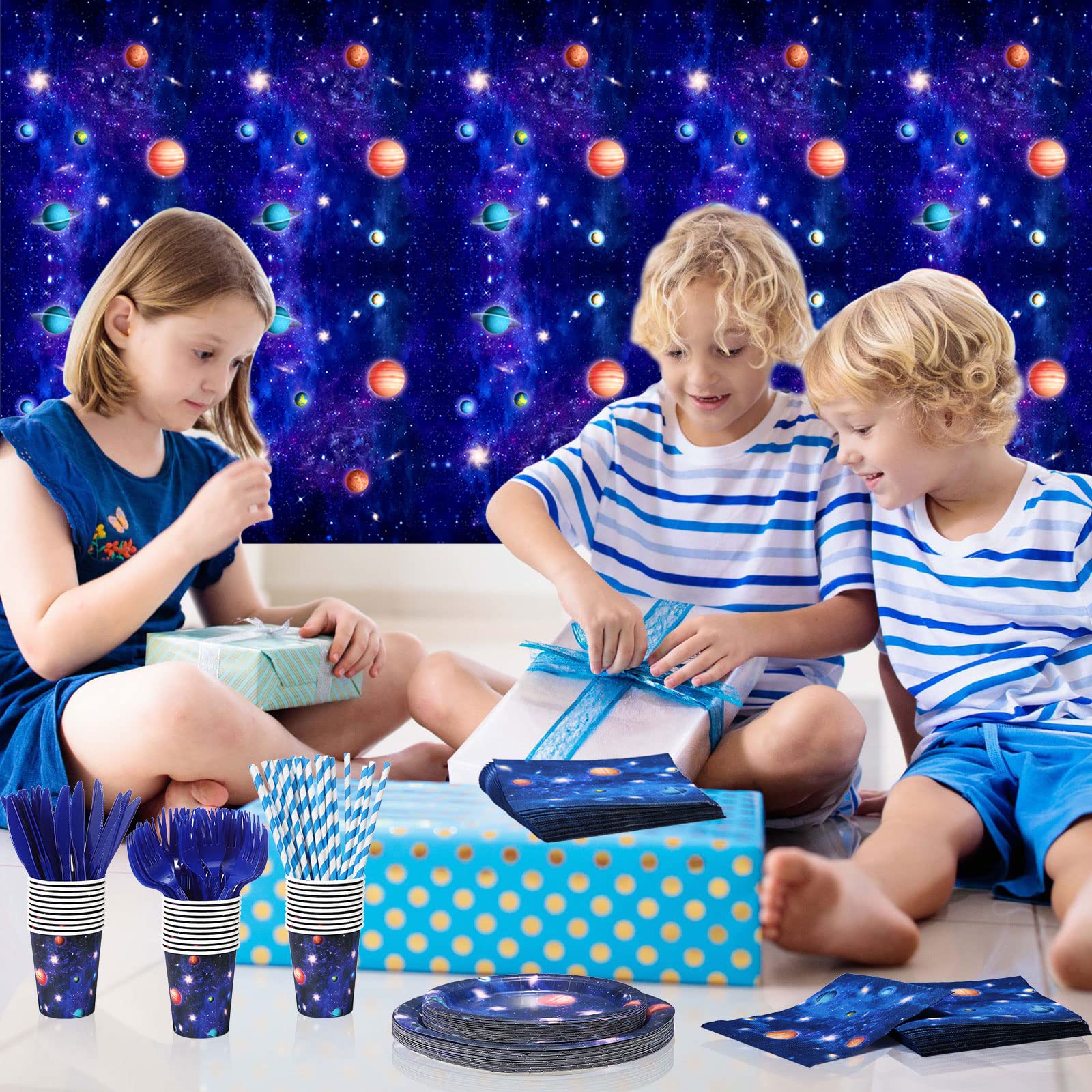 176 Pcs Space Party Decorations Supplies Galaxy Party Tableware Set, Space Themed Party Supplies Plates Napkins Cups Knives Straws Forks Spoons Sets Tablecloth for Boy Girl