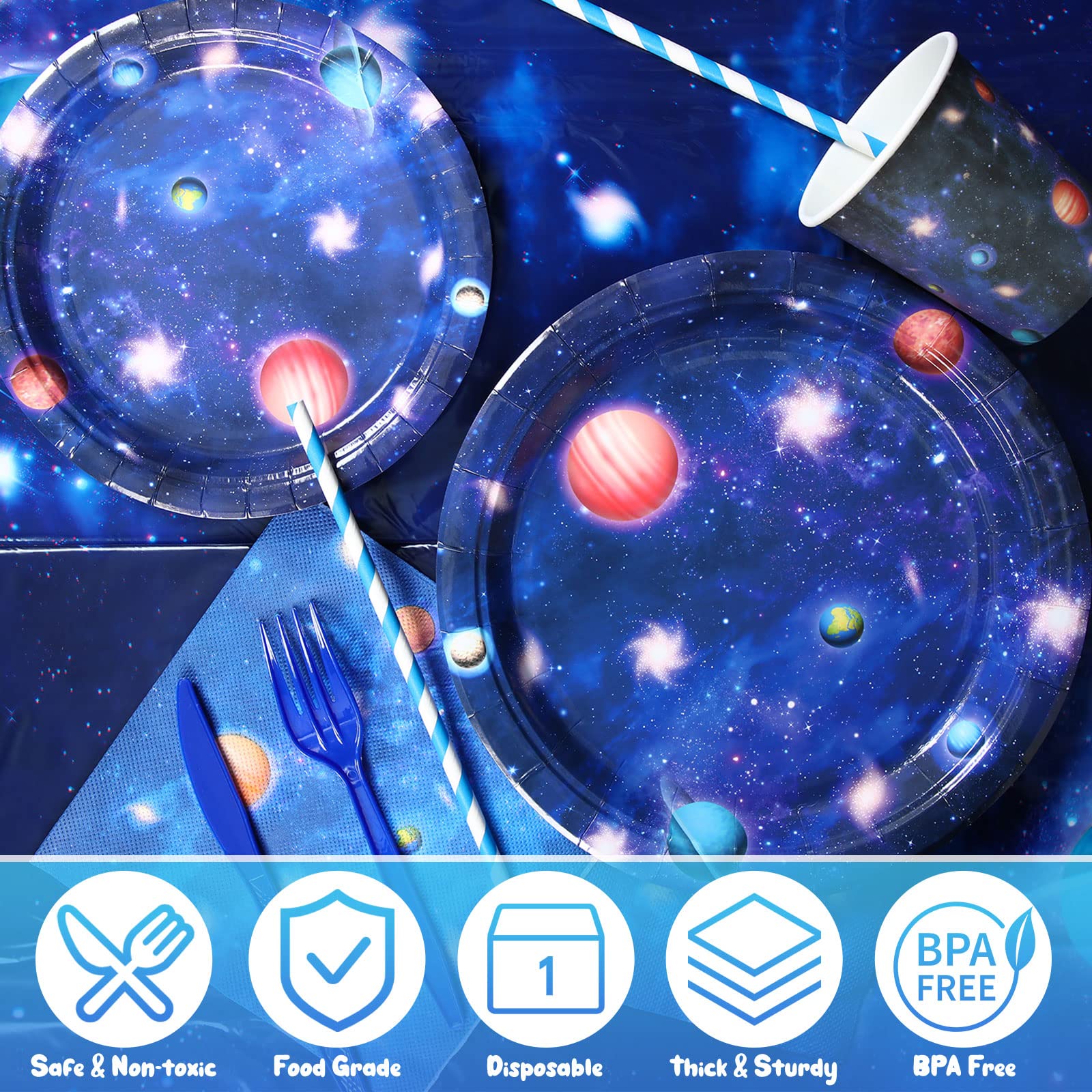 176 Pcs Space Party Decorations Supplies Galaxy Party Tableware Set, Space Themed Party Supplies Plates Napkins Cups Knives Straws Forks Spoons Sets Tablecloth for Boy Girl