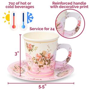 ROYAL BLUEBONNET Paper Tea Cup Set, 24 Disposable Teacups with Handles & Saucers, Floral Design for Hot & Cold Drinks, Tea Party Decorations, Tableware