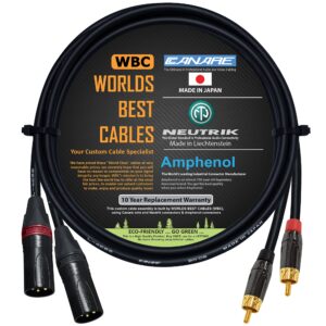 worlds best cables 3 foot - rca to xlr (male) cable pair - canare l-4e6s star-quad audio interconnect cable & amphenol acpl rca & neutrik male xlr gold plugs - custom made