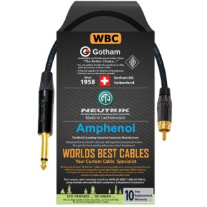 WORLDS BEST CABLES 1 Foot – TS to RCA Cable – Gotham GAC-4/1 (Black) Star-Quad Audio Interconnect Cable & Neutrik NP2X-B & Amphenol ACPL-CBK Gold Plugs - CUSTOM MADE