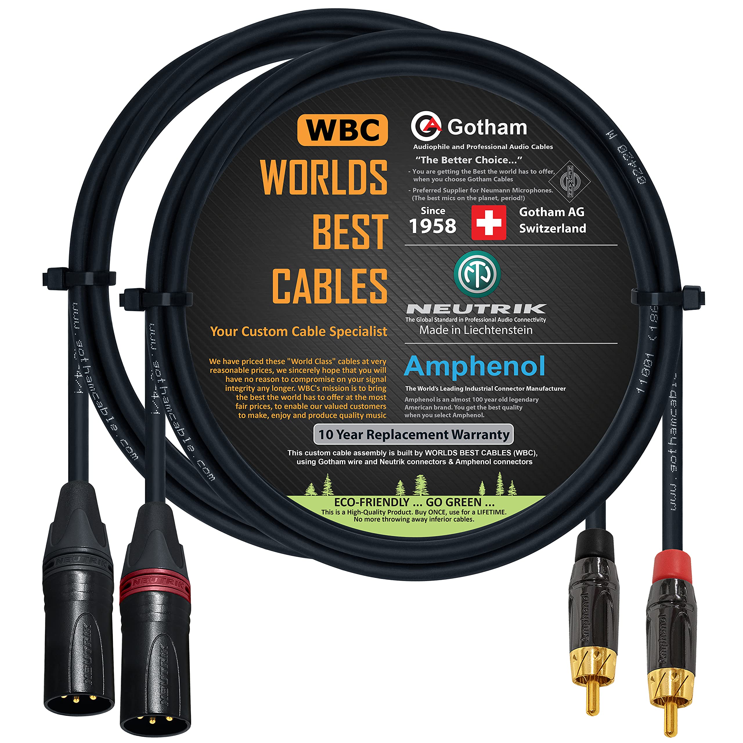 WORLDS BEST CABLES 6 Foot - RCA to XLR (Male) Cable Pair – Gotham GAC-4/1 (Black) Star-Quad Audio Interconnect Cable & Amphenol ACPL RCA & Neutrik Male XLR Gold Plugs - CUSTOM MADE