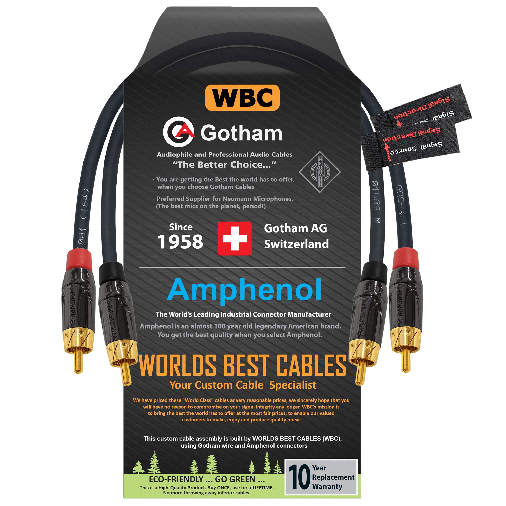 1 Foot RCA Cable Pair - Gotham GAC-4/1 (Black) Star-Quad Audio Interconnect Cable with Amphenol ACPL Black Chrome Body, Gold Plated RCA Connectors - Directional