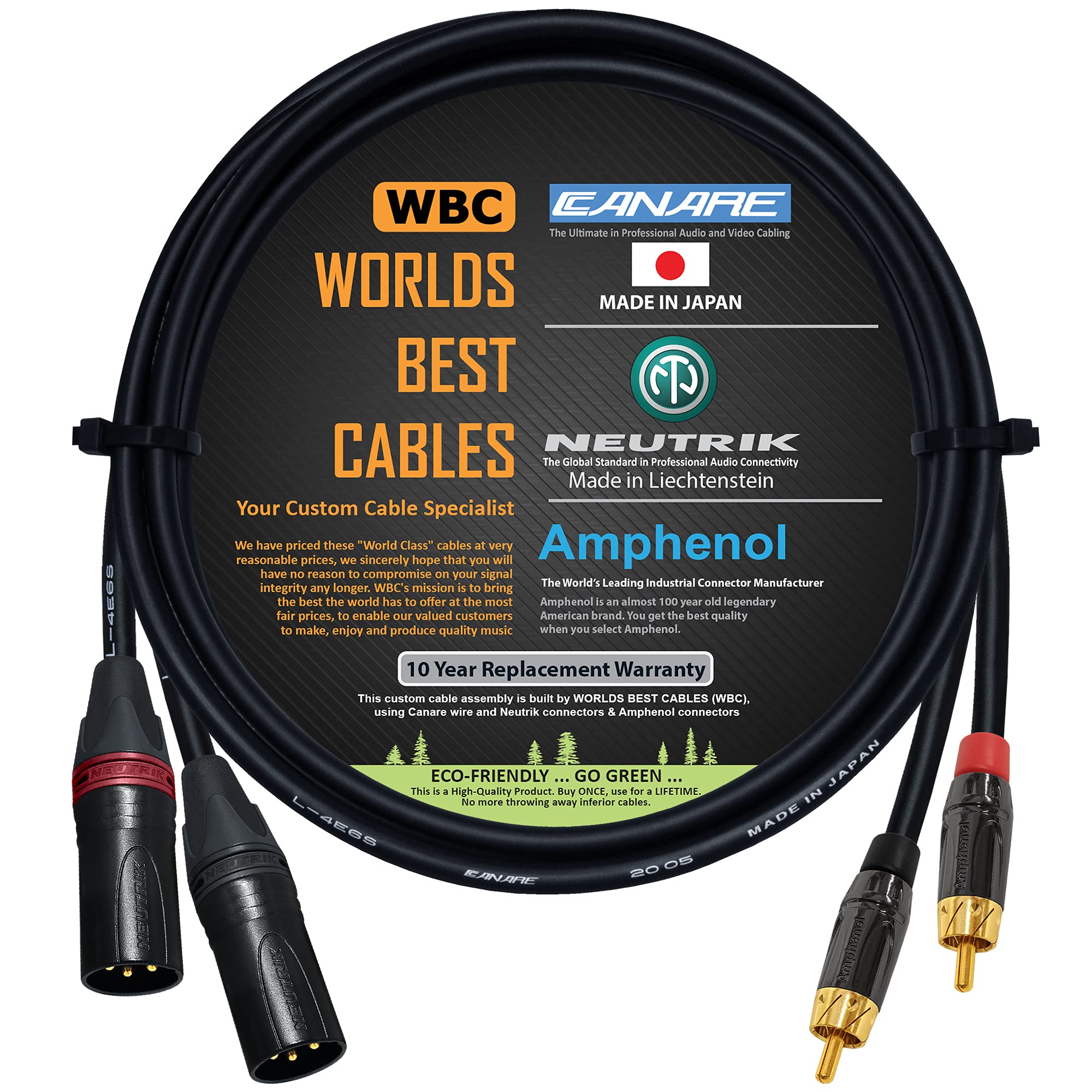 WORLDS BEST CABLES 6 Foot - RCA to XLR (Male) Cable Pair - Canare L-4E6S Star-Quad Audio Interconnect Cable & Amphenol ACPL RCA & Neutrik Male XLR Gold Plugs - CUSTOM MADE