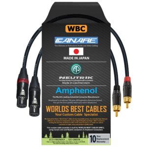 worlds best cables 1 foot - rca to xlr (female) cable pair - canare l-4e6s star-quad audio interconnect cable & amphenol acpl rca & neutrik female xlr gold plugs - custom made