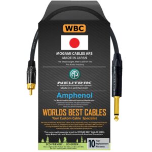 worlds best cables 1 foot – ts to rca cable – mogami 2964 audio interconnect cable & neutrik np2x-b & amphenol acpl-cbk gold plugs - custom made