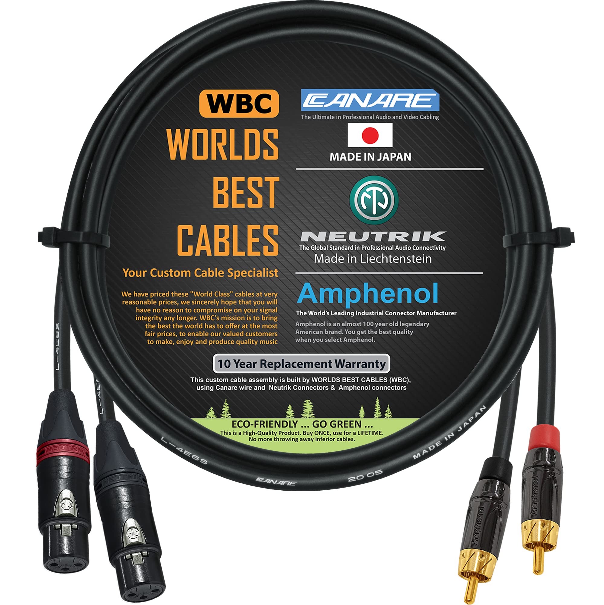 WORLDS BEST CABLES 3.5 Foot - RCA to XLR (Female) Cable Pair - Canare L-4E6S Star-Quad Audio Interconnect Cable & Amphenol ACPL RCA & Neutrik Female XLR Gold Plugs - CUSTOM MADE