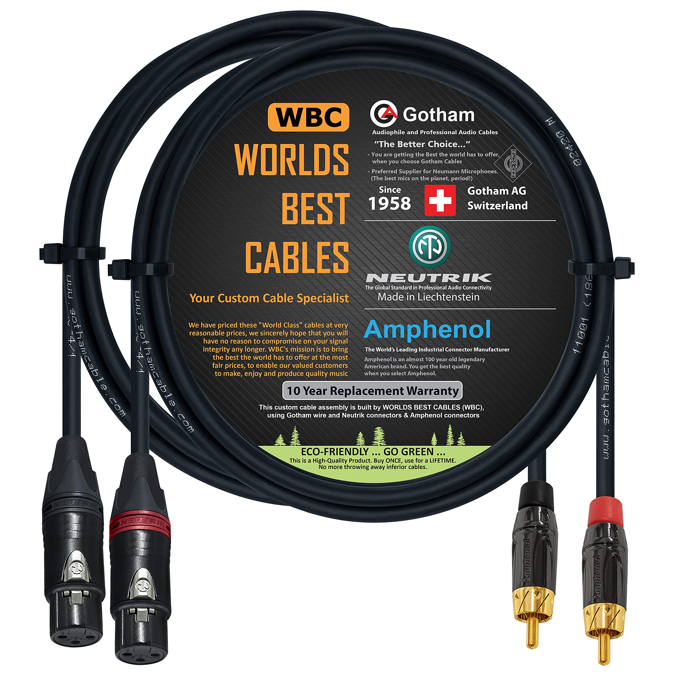 WORLDS BEST CABLES 3 Foot - RCA to XLR (Female) Cable Pair – Gotham GAC-4/1 (Black) Star-Quad Audio Interconnect Cable & Amphenol ACPL RCA & Neutrik Female XLR Gold Plugs - CUSTOM MADE