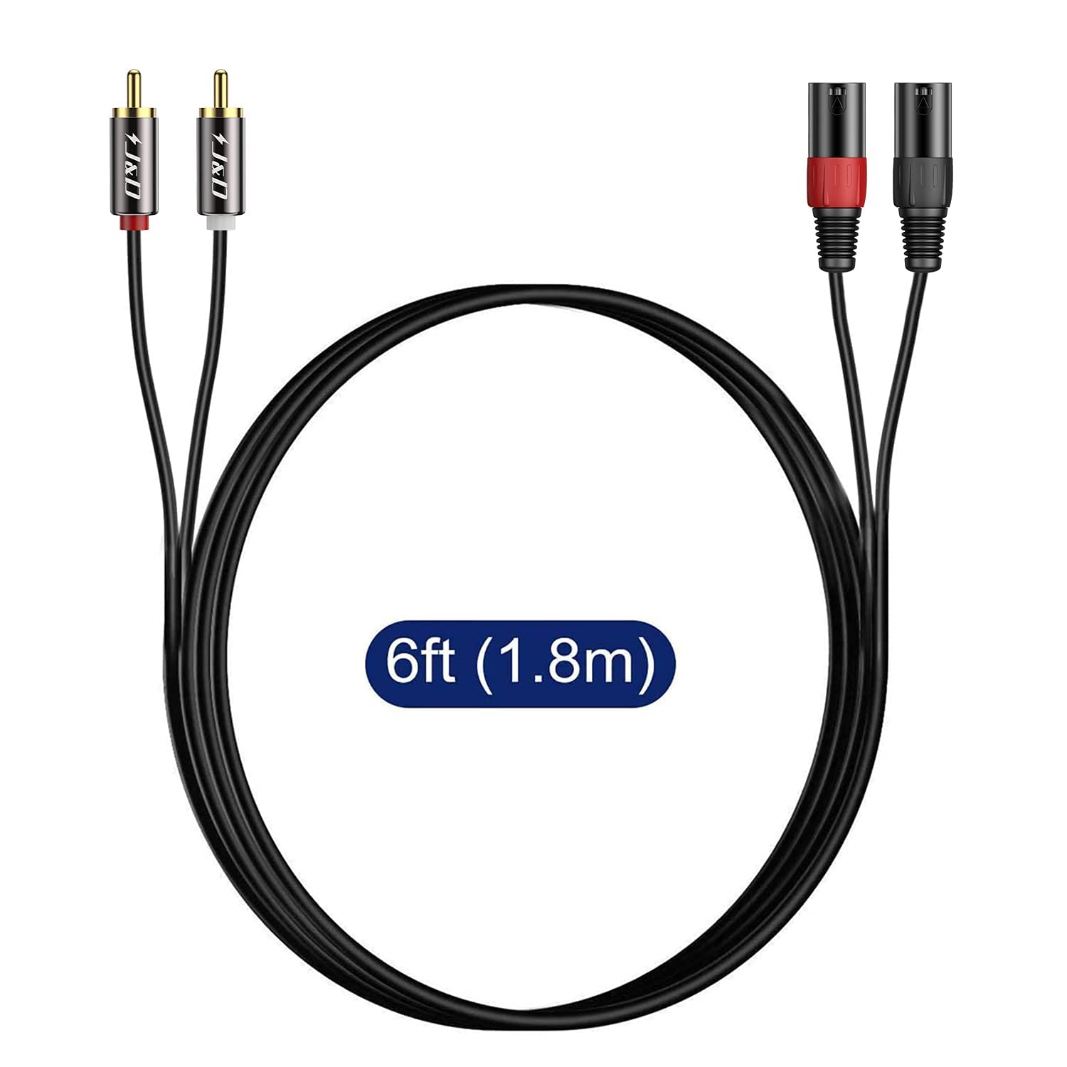 J&D 2 RCA to XLR Male Cable (6 Feet), Unbalanced Dual XLR to RCA Male Connection Cable for Speakers, Amplifiers, HiFi Stereo Audio Systems