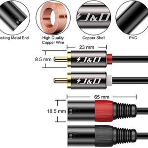 J&D 2 RCA to XLR Male Cable (6 Feet), Unbalanced Dual XLR to RCA Male Connection Cable for Speakers, Amplifiers, HiFi Stereo Audio Systems