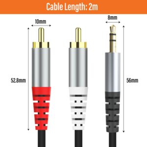 RCA to 3.5mm AUX Cable, (2M/6.6Feet) 3.5mm 1/8 to RCA 2-Male Headphone Jack Adapter Y Splitter Premium Stereo Audio Cord for Smartphones, Tablets, HDTV,or MP3 Players, Speakers