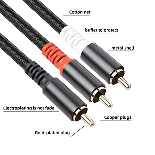 RCA Y Splitter 1 Male to 2 Male Audio Cable 6.6FT, Black Cotton Braided Jacket Gold-Plated Plug Premium Shielded Audio Cable