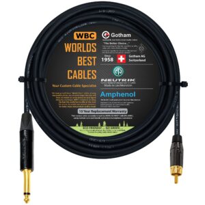 WORLDS BEST CABLES 25 Foot – TS to RCA Cable – Gotham GAC-4/1 (Black) Star-Quad Audio Interconnect Cable & Neutrik NP2X-B & Amphenol ACPL-CBK Gold Plugs - CUSTOM MADE