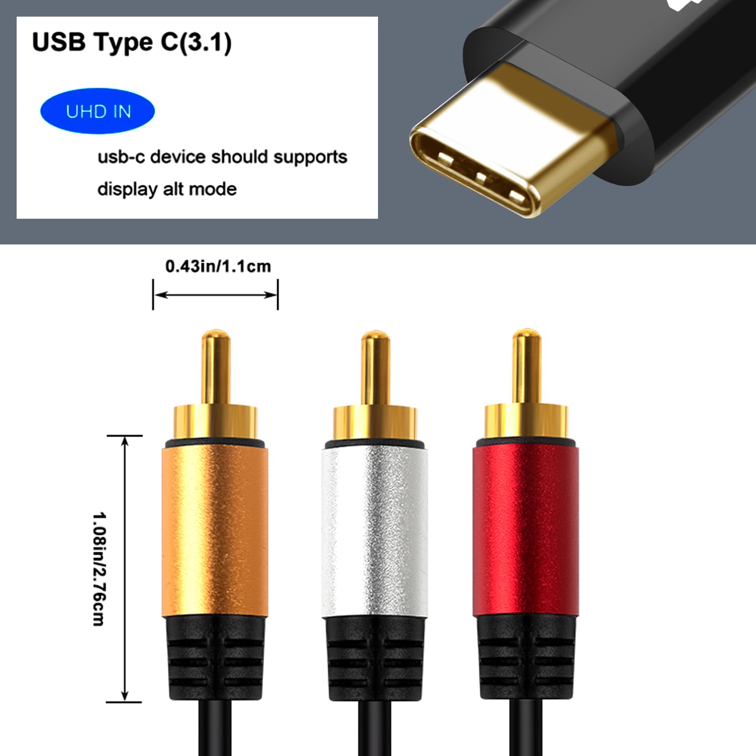 USB C to RCA 10FT Adapter 1080P, Active Type C to RCA Converter, Male USB C to 3-RCA Out Lead Video Adattatore Cord for Laptop, Computer,Projector